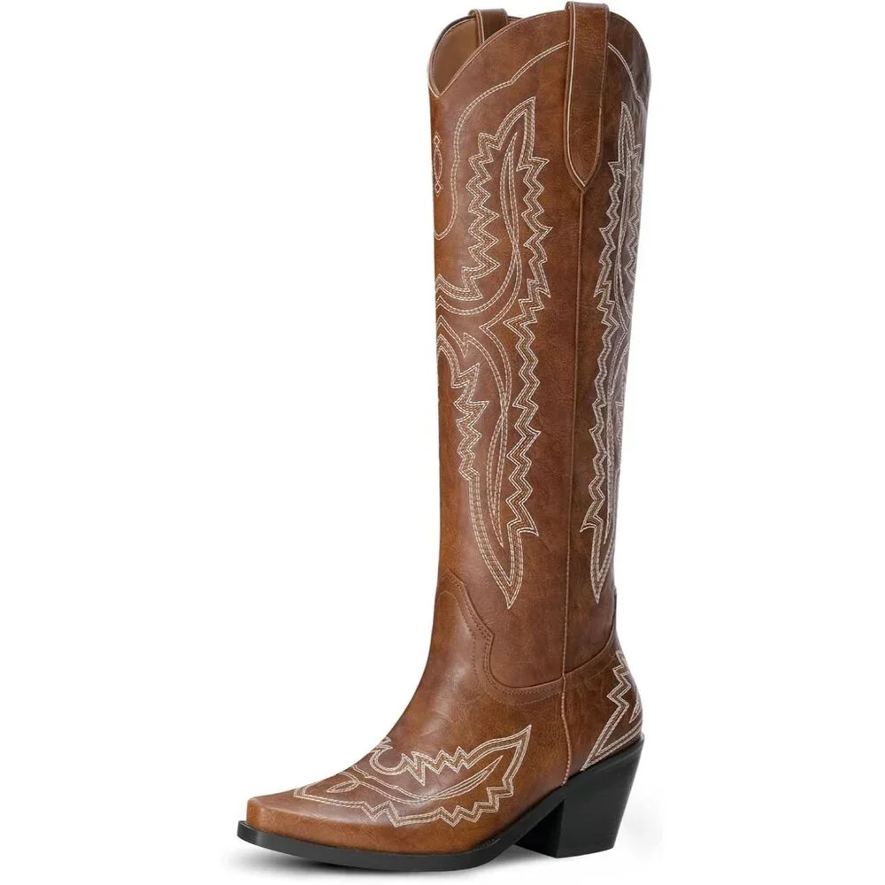 Women Brown Faux Leather Knee High Cowgirl Boots with Pointed Toe Block Heel